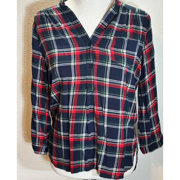 Market & Spruce Plaid Popover Top Women’s L Navy Red Long Sleeve 100% Rayon - Picture 1 of 6